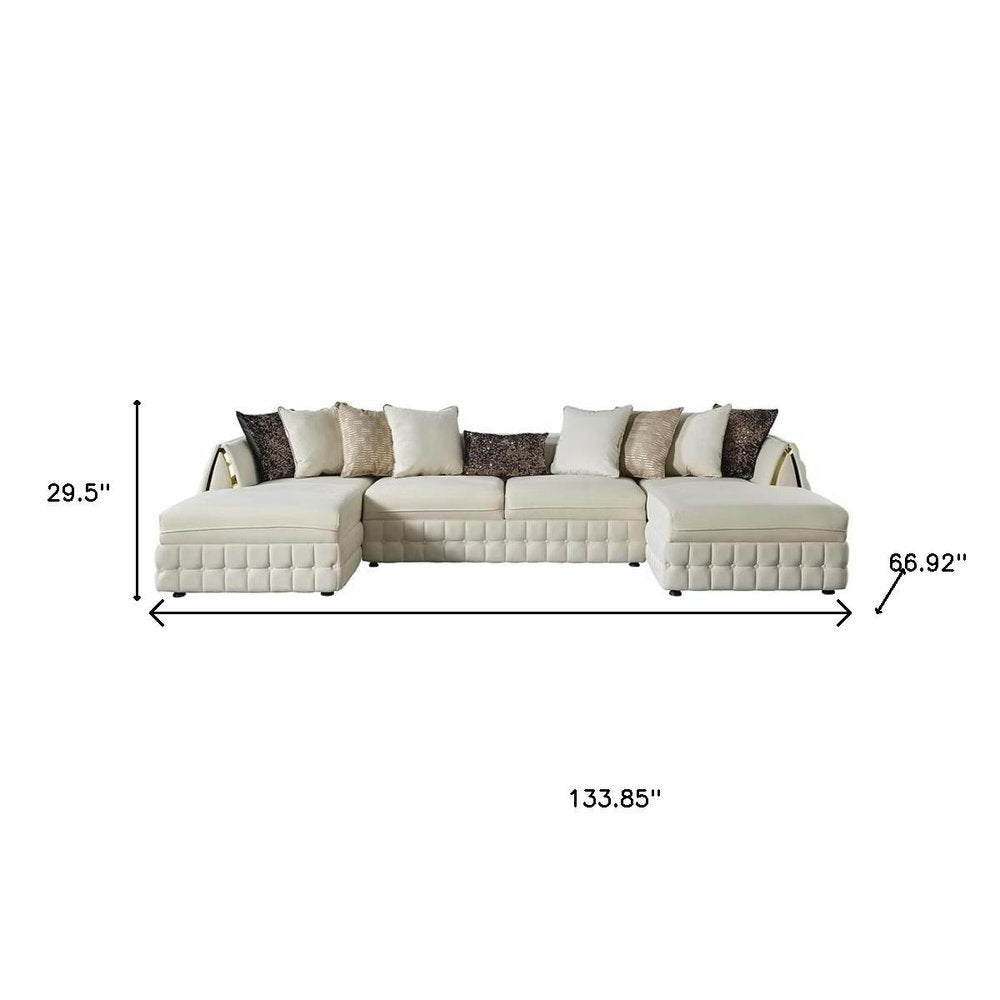 134" Velvet Button Tufted U-Shape Deco Sectional with Gold Trim