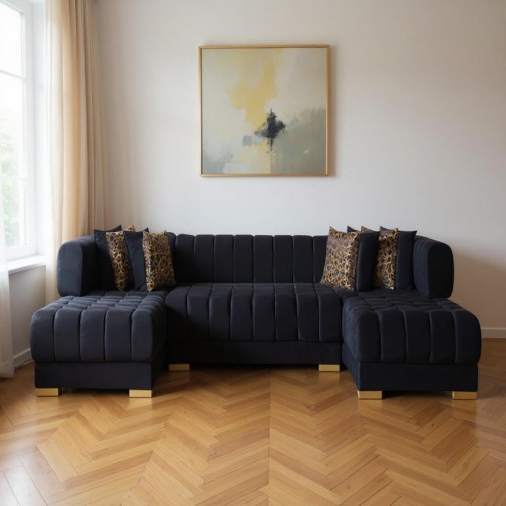 138" 3 pc. Velvet Channel Tufted U-Shape Deco Sectional