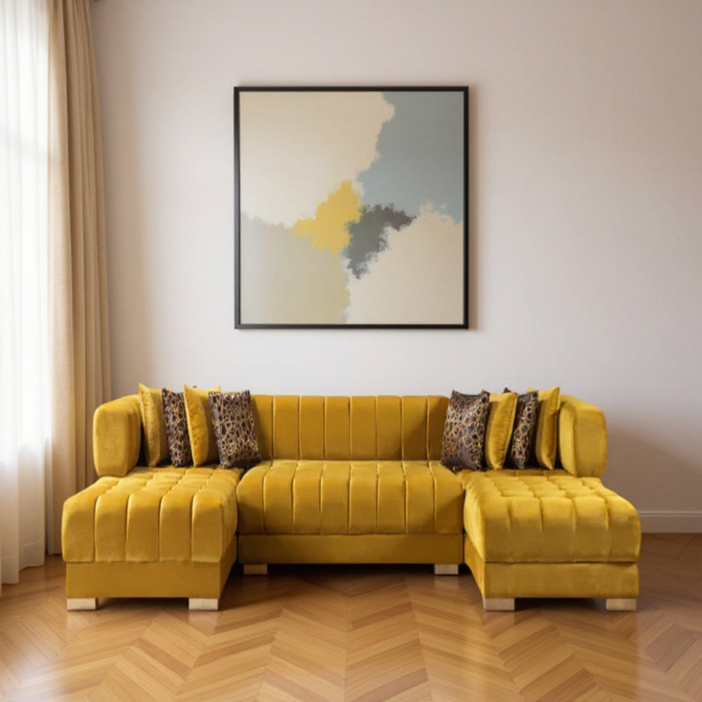 138" 3 pc. Velvet Channel Tufted U-Shape Deco Sectional