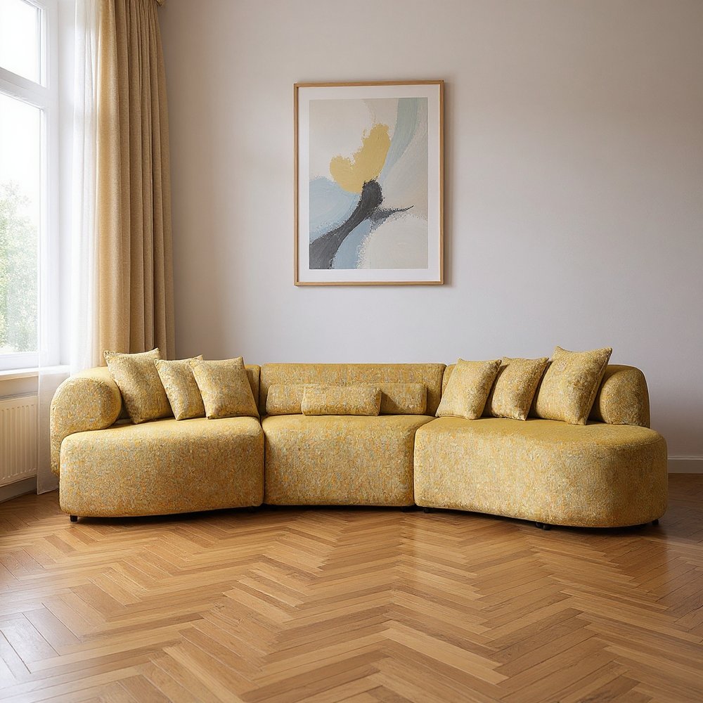 145" 3 pc. Bouclé Curved Sectional with Toss Pillows