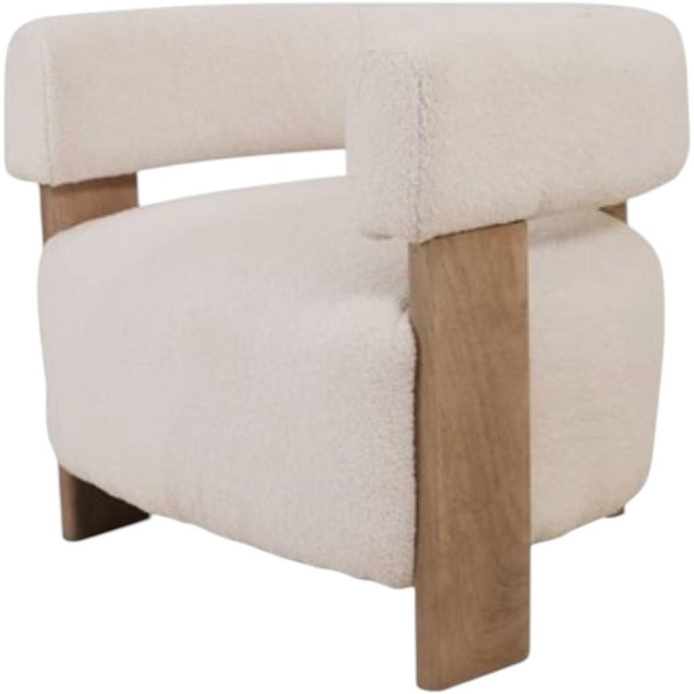 31" White Bouclé and Wood Barrel Chair