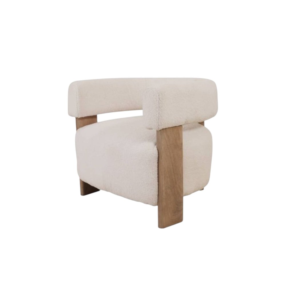 31" White Bouclé and Wood Barrel Chair