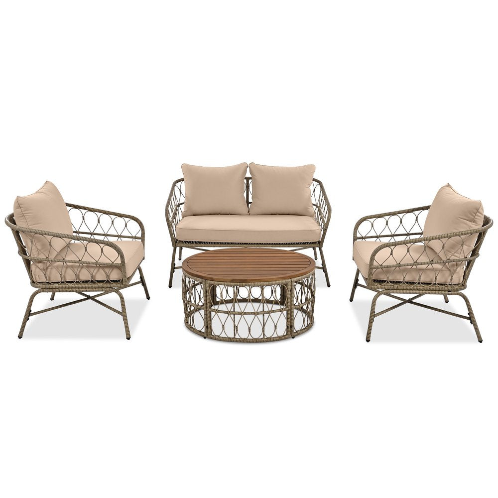 4 pc. 42" Beige and Brown Sofa, Chair, and Table Outdoor Set