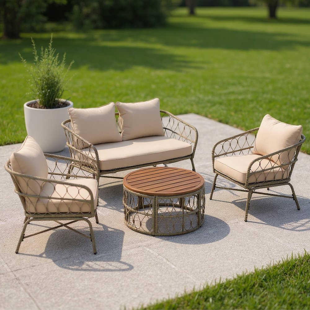 4 pc. 42" Beige and Brown Sofa, Chair, and Table Outdoor Set