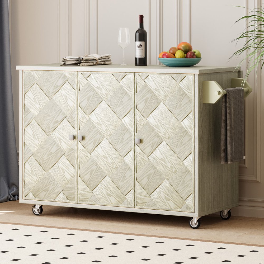 51" Wood Panel Rolling Kitchen Island