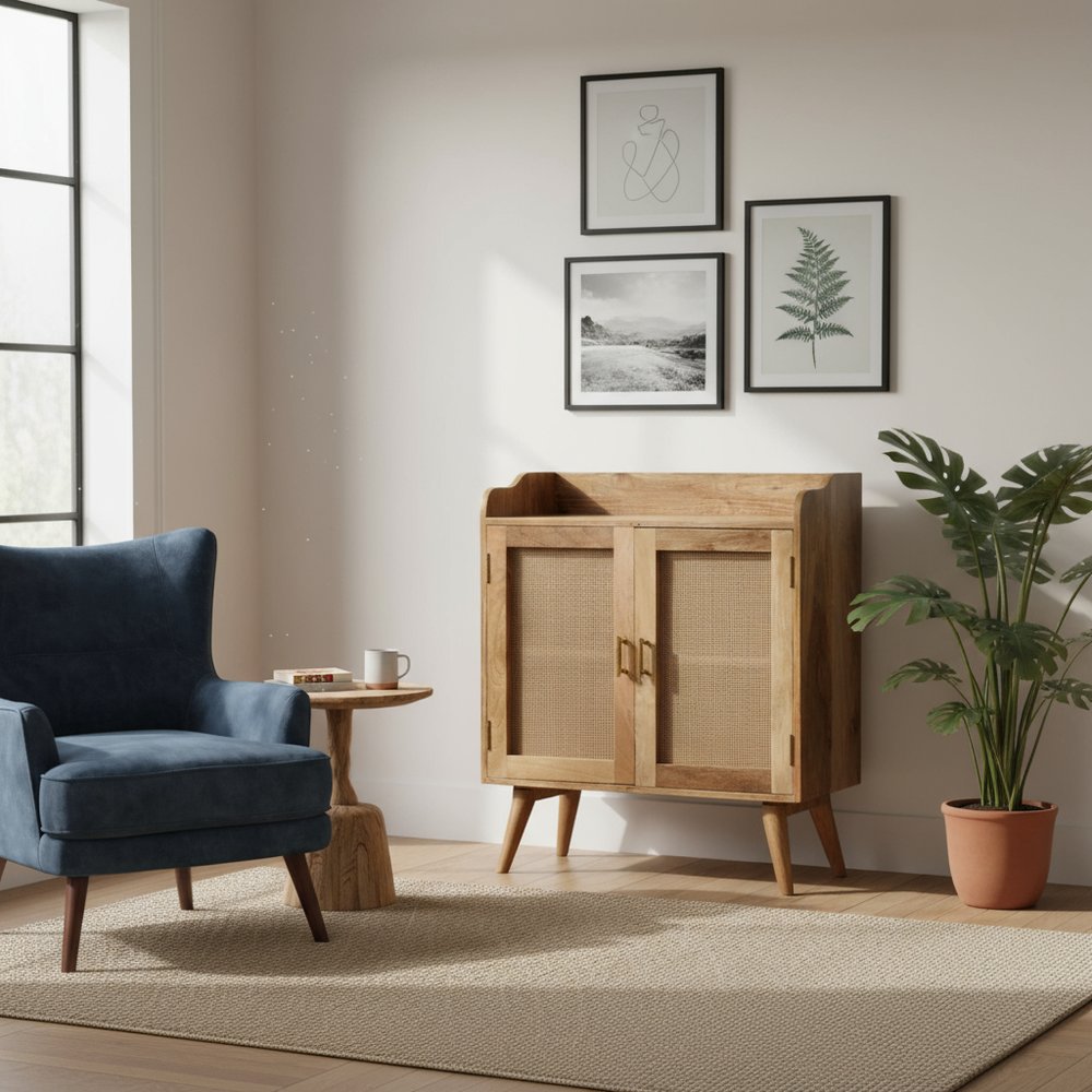 30" Brown Wood and Rattan Doors Cabinet