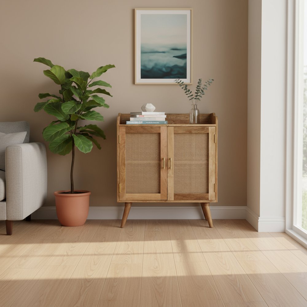 30" Brown Wood and Rattan Doors Cabinet