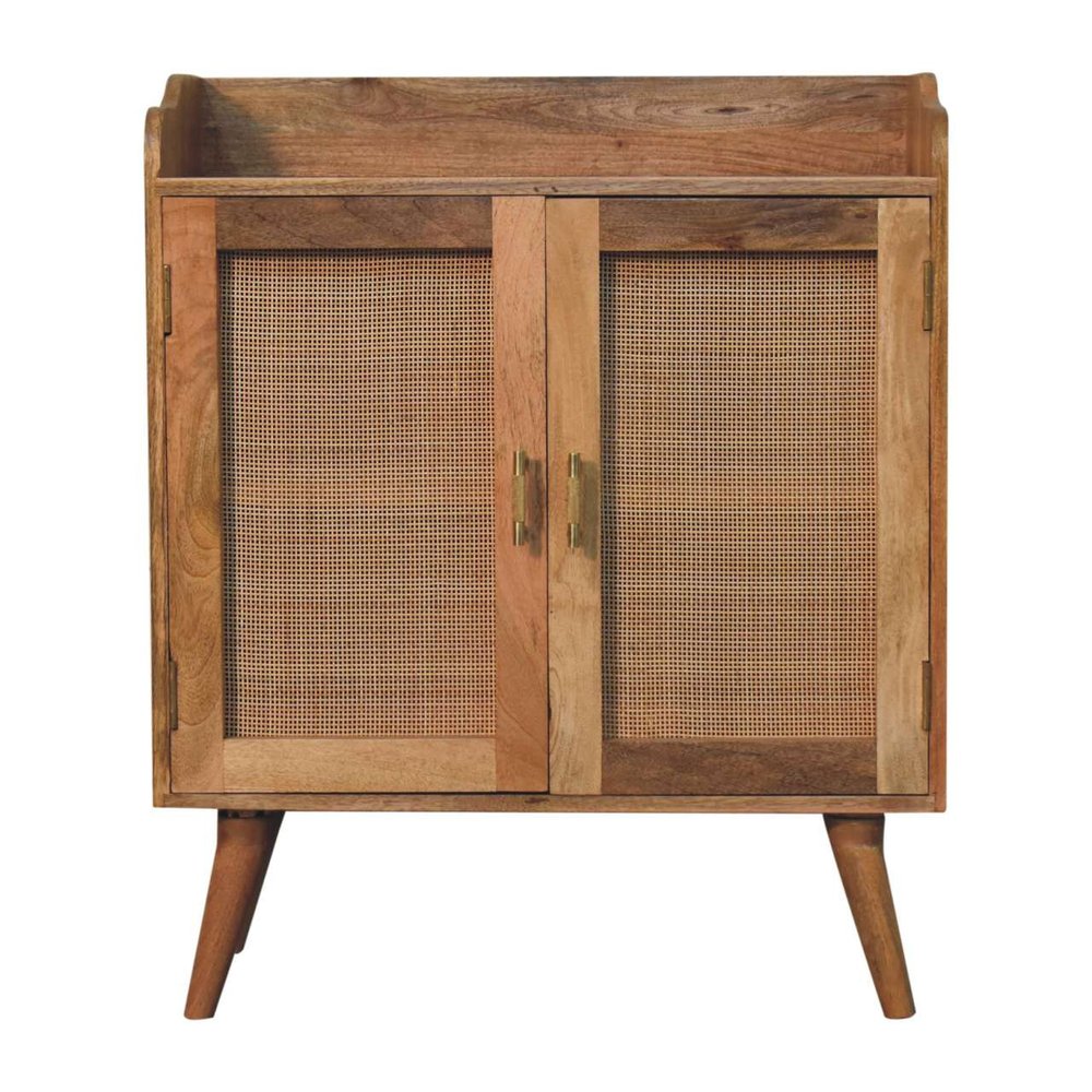 30" Brown Wood and Rattan Doors Cabinet
