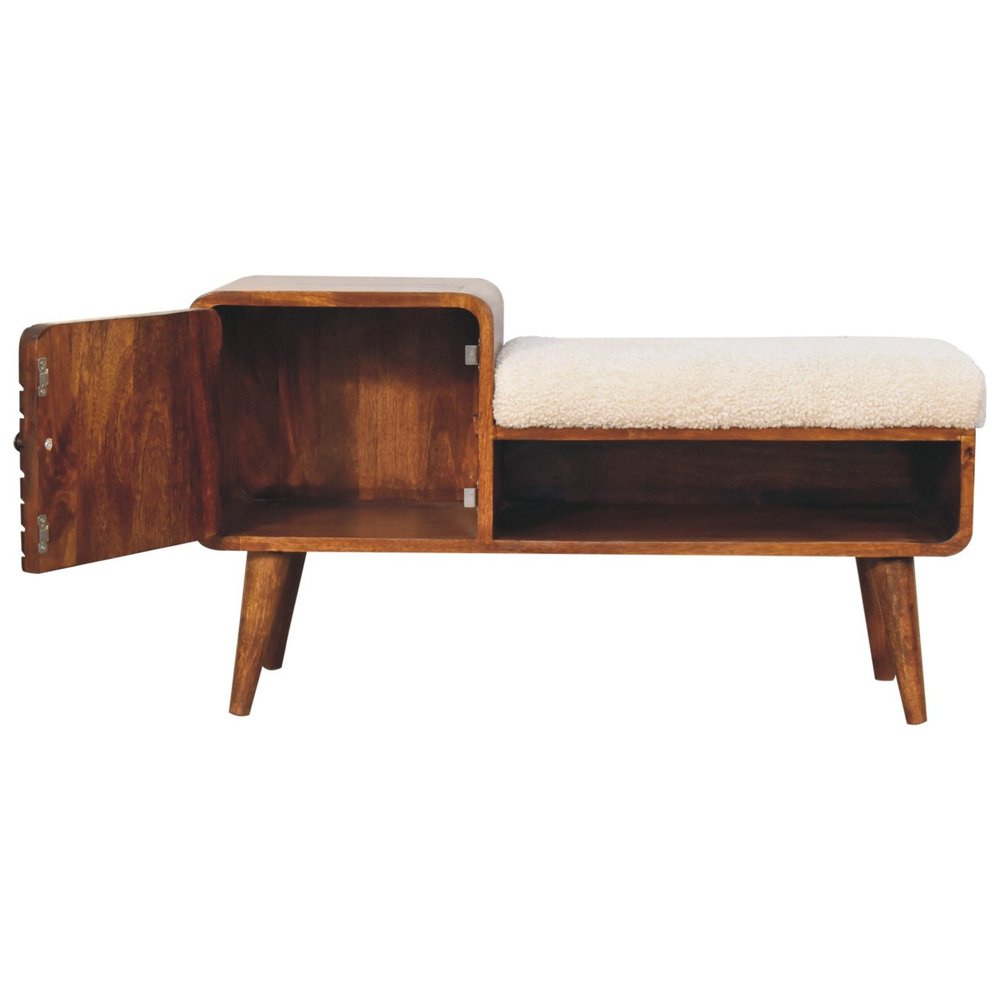 35" Cream Bouclé and Wood Bench with Cabinet and Shelf