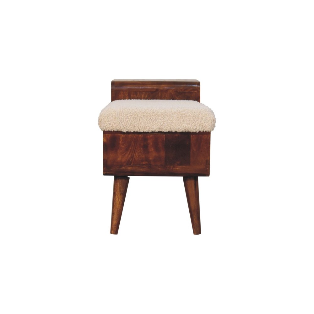 35" Cream Bouclé and Wood Bench with Cabinet and Shelf