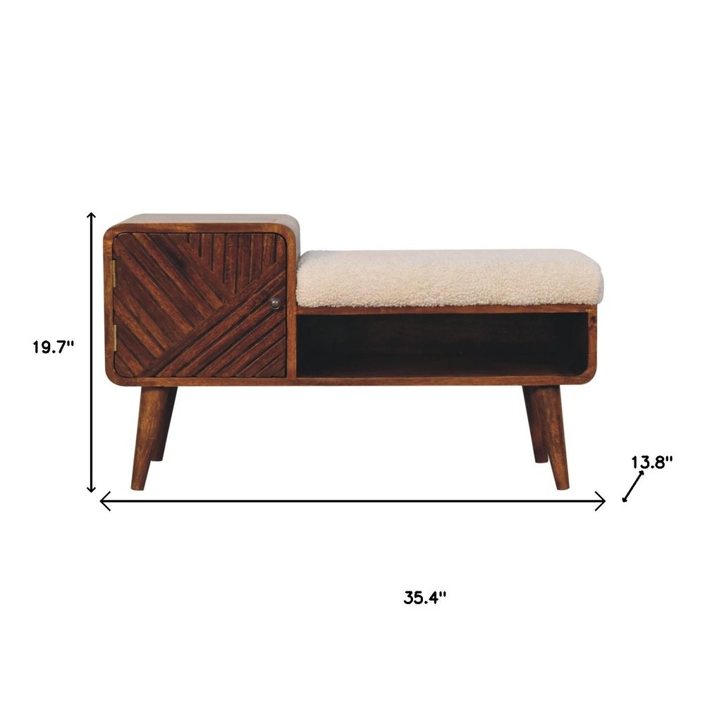35" Cream Bouclé and Wood Bench with Cabinet and Shelf