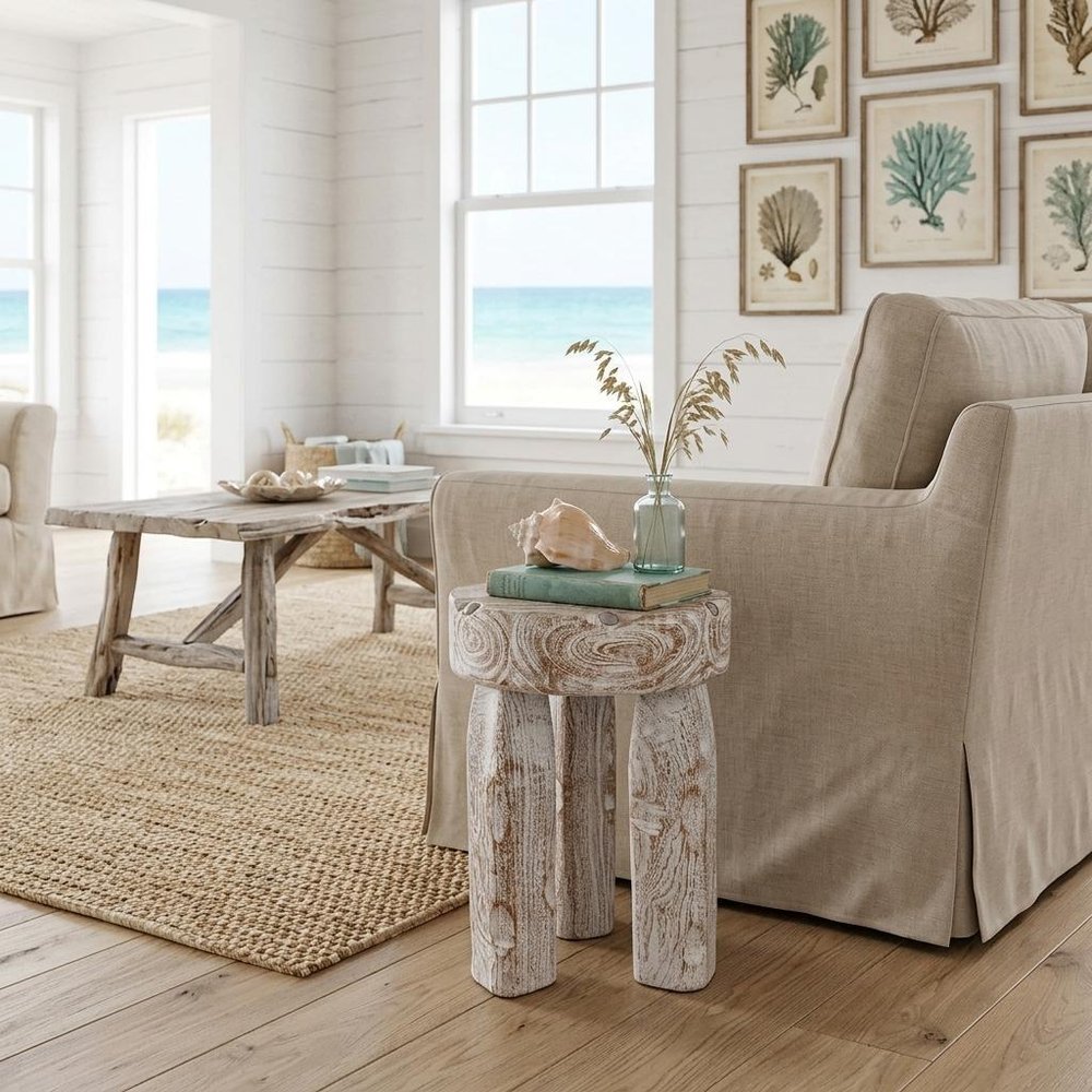 19" White Distressed Wood Round End Table