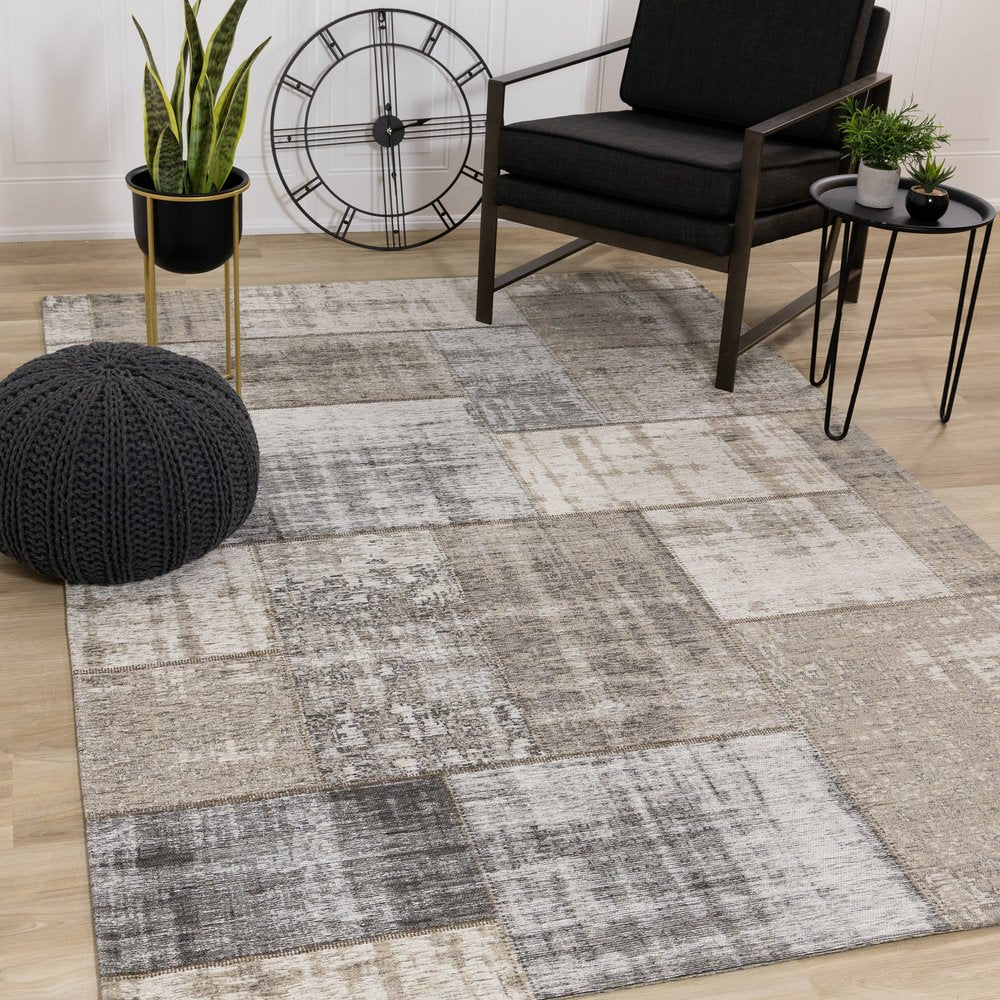 Gray, Cream, and Beige Tile Cotton Rug