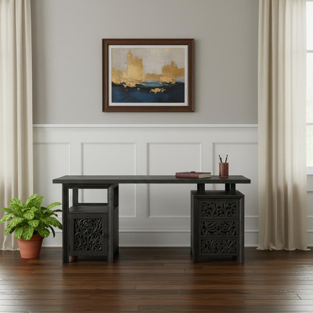 68" Wood Floral Carved Executive Desk