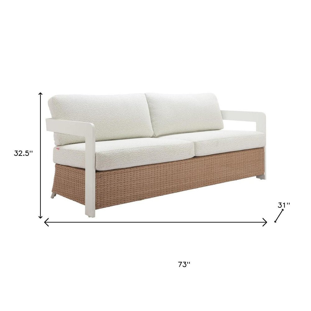 73" White and Brown Polypropylene and Rattan Sofa