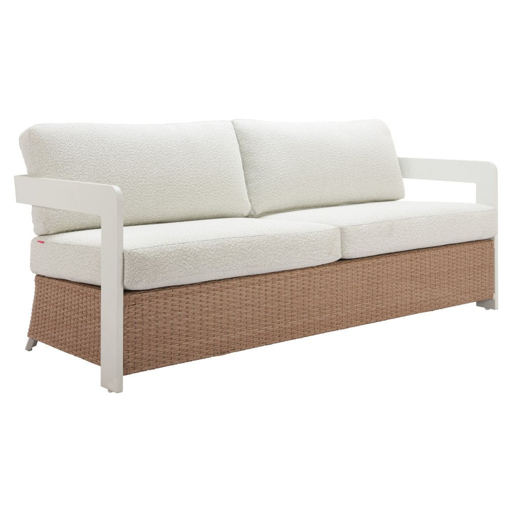73" White and Brown Polypropylene and Rattan Sofa