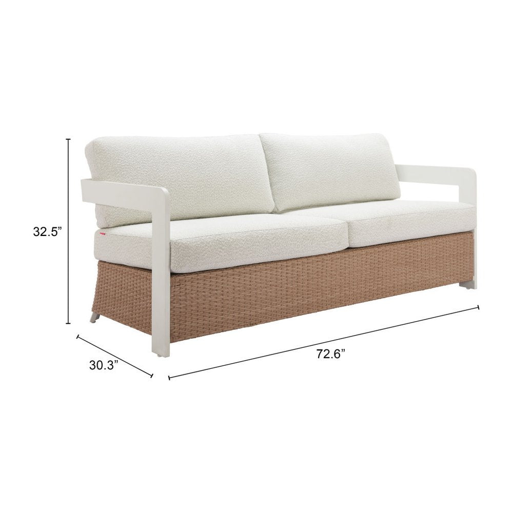 73" White and Brown Polypropylene and Rattan Sofa