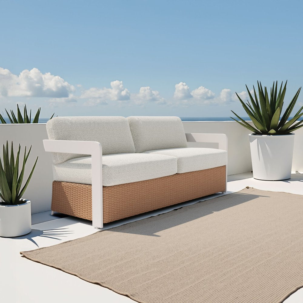 73" White and Brown Polypropylene and Rattan Sofa