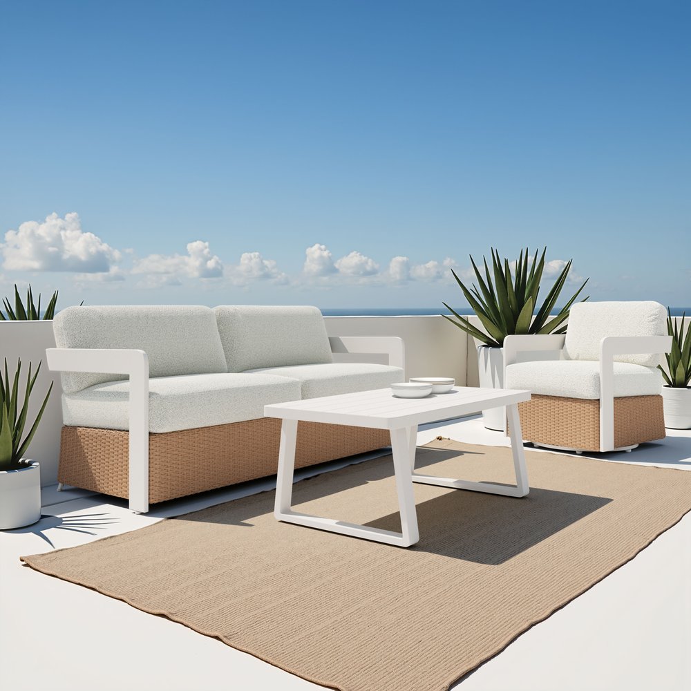 73" White and Brown Polypropylene and Rattan Sofa