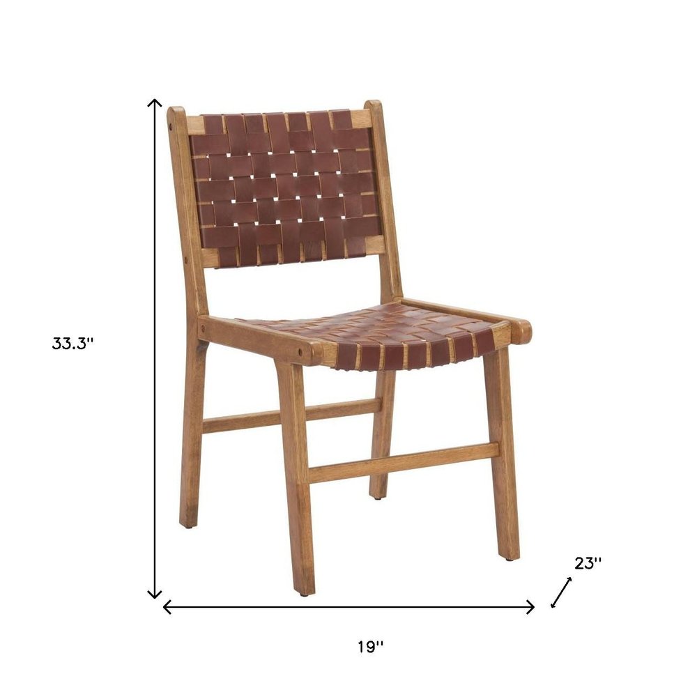 Set of Two 23" Brown Wood and Leather Strap Dining Chairs
