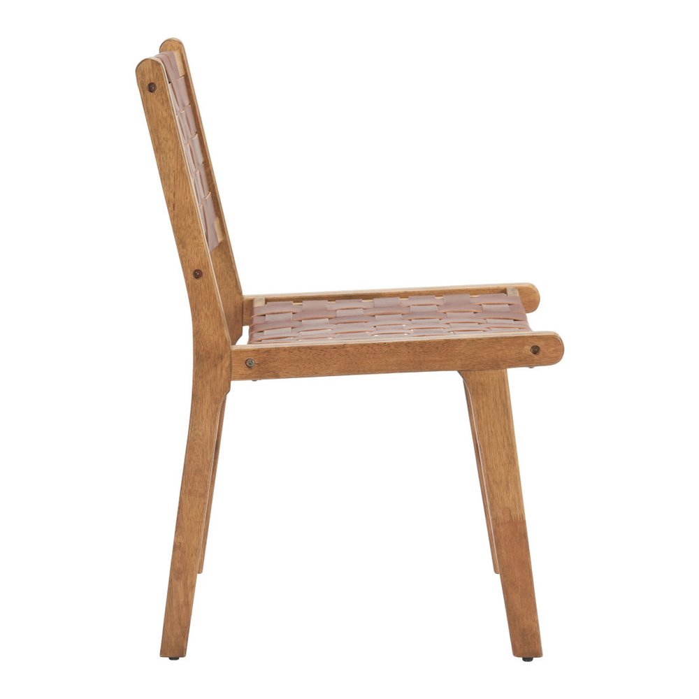Set of Two 23" Brown Wood and Leather Strap Dining Chairs