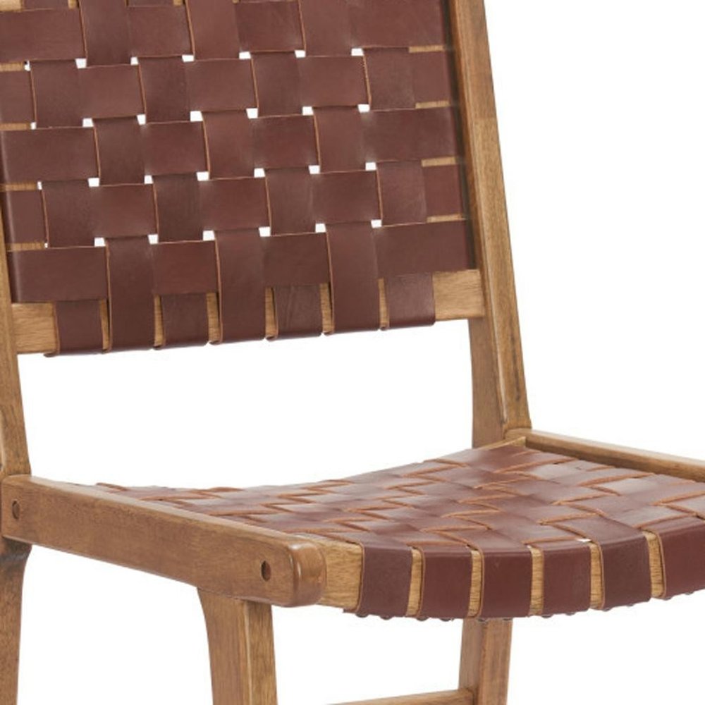 Set of Two 23" Brown Wood and Leather Strap Dining Chairs