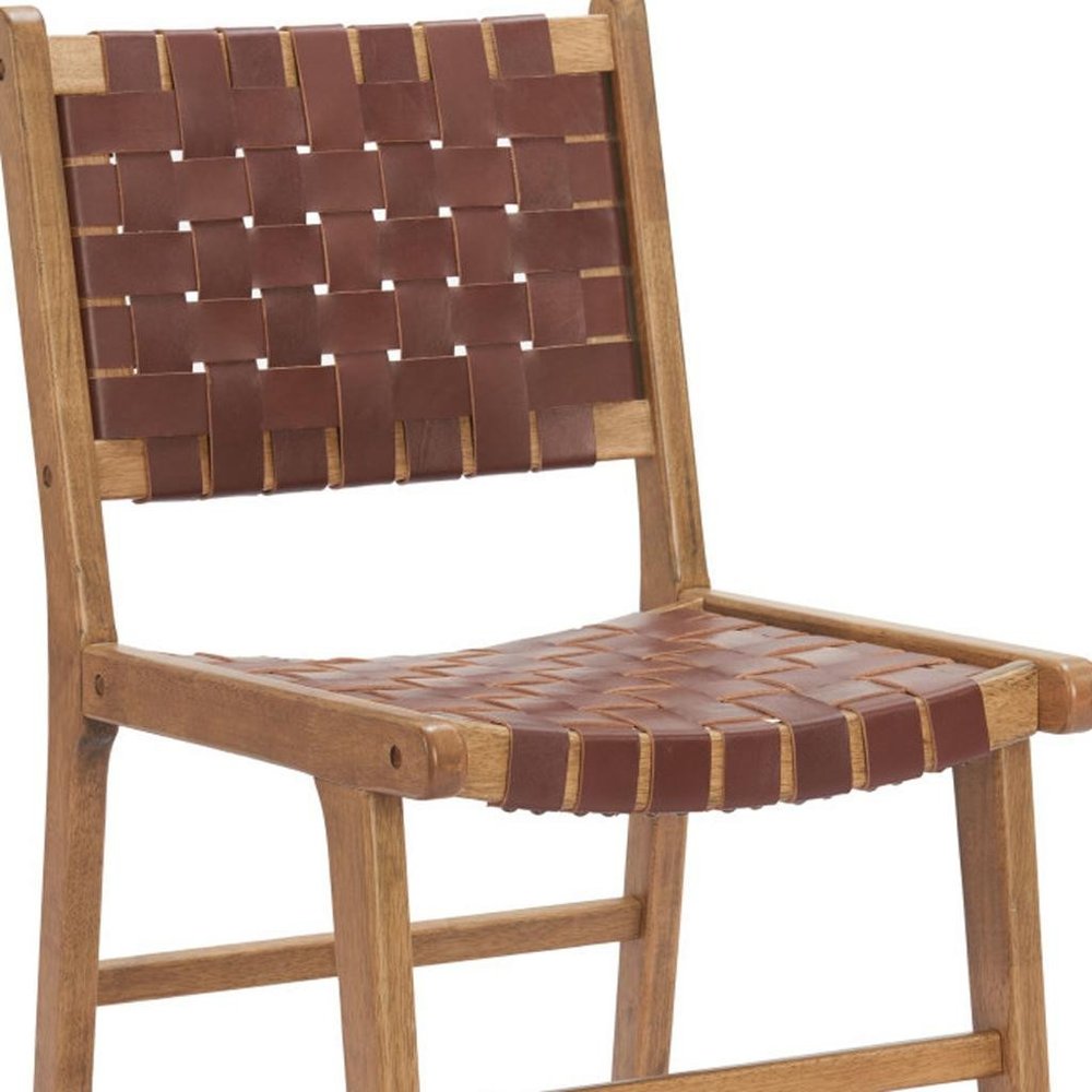 Set of Two 23" Brown Wood and Leather Strap Dining Chairs