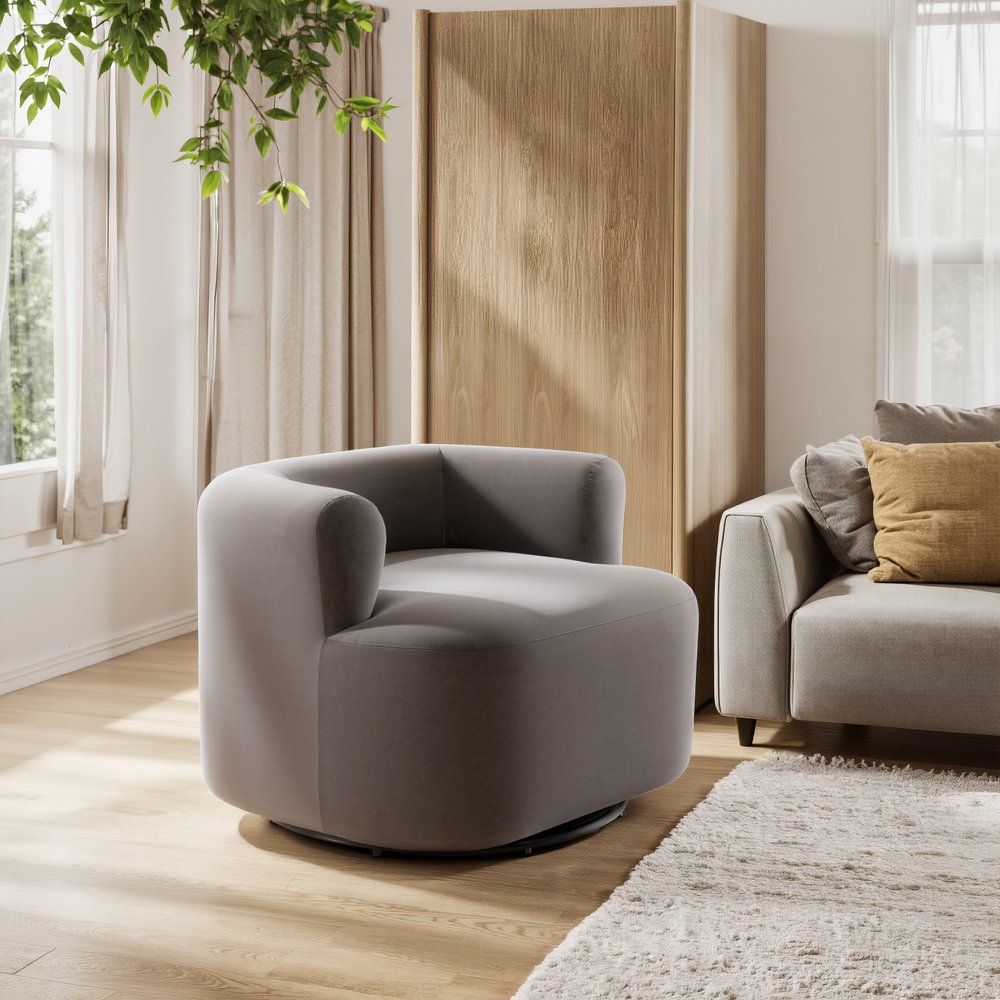 35" Gray Modern Swivel Barrel Chair