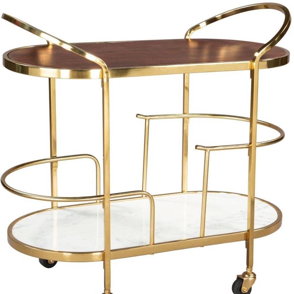 32" Brown, Gold, and White Metal, Wood , and Marble Bar Cart