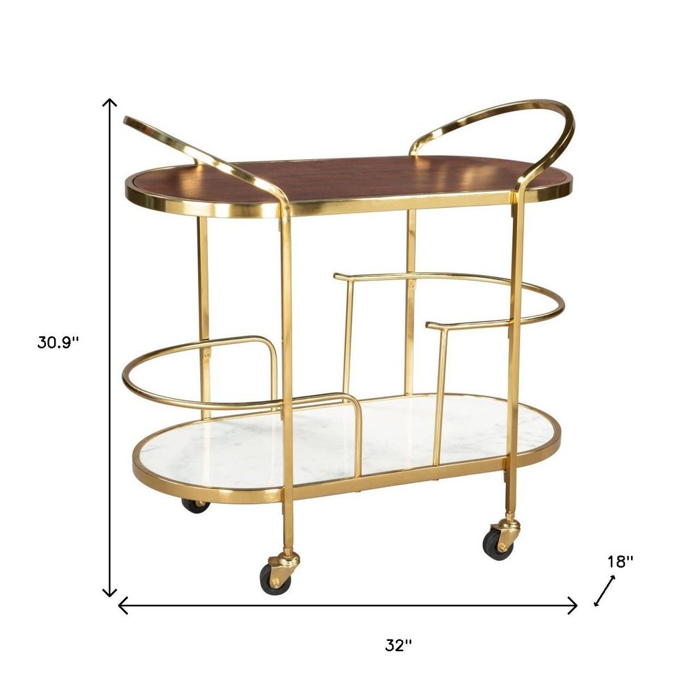 32" Brown, Gold, and White Metal, Wood , and Marble Bar Cart