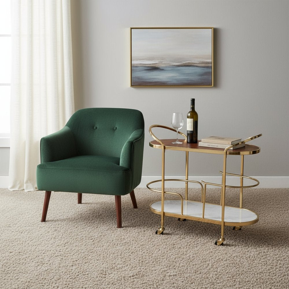 32" Brown, Gold, and White Metal, Wood , and Marble Bar Cart