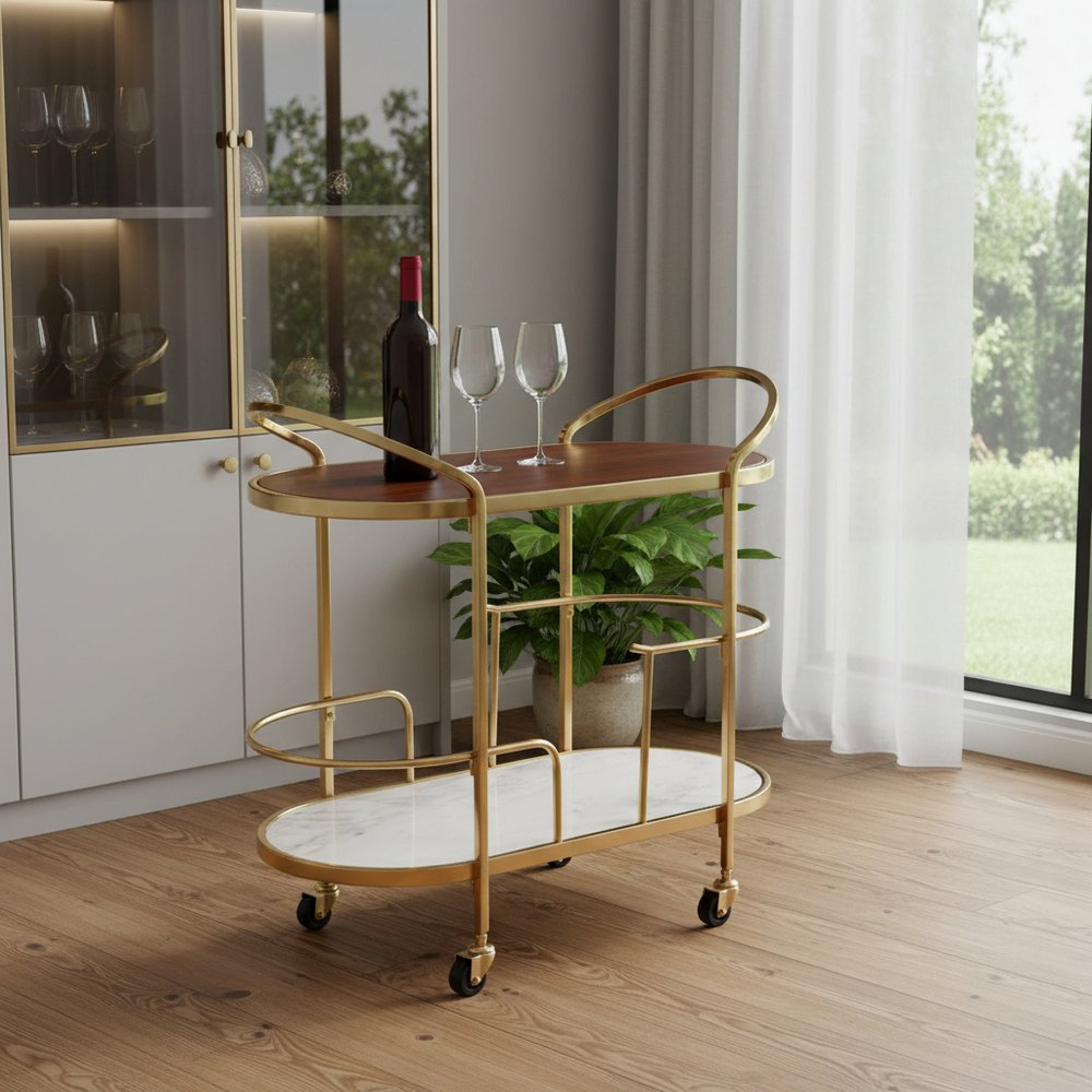 32" Brown, Gold, and White Metal, Wood , and Marble Bar Cart