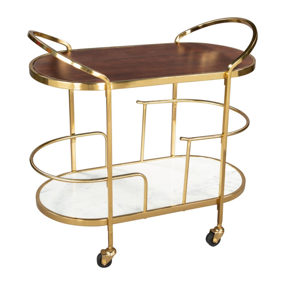 32" Brown, Gold, and White Metal, Wood , and Marble Bar Cart