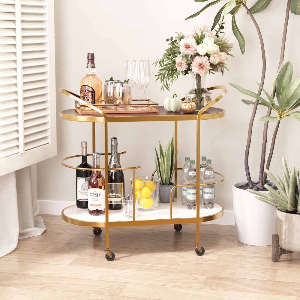 32" Brown, Gold, and White Metal, Wood , and Marble Bar Cart