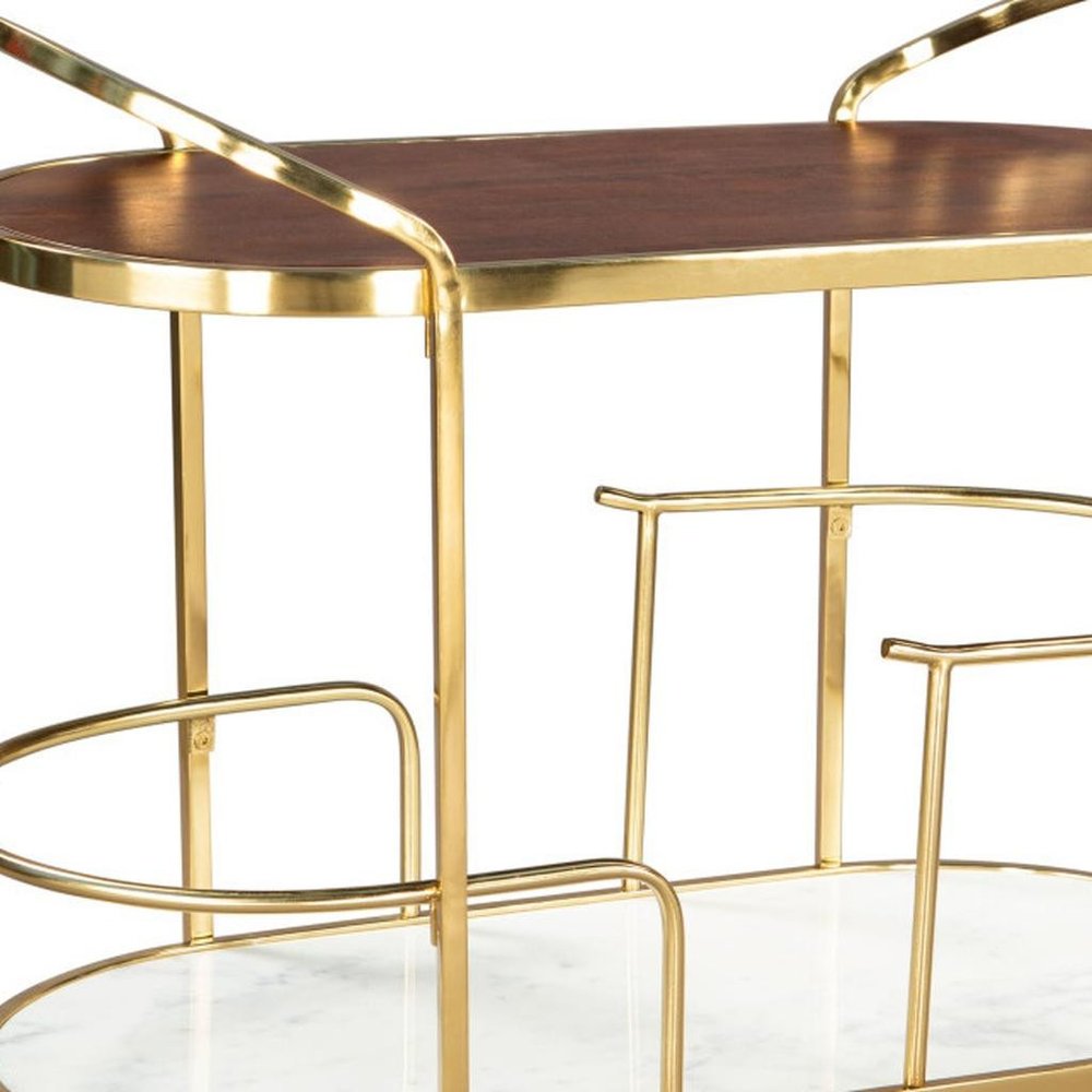 32" Brown, Gold, and White Metal, Wood , and Marble Bar Cart
