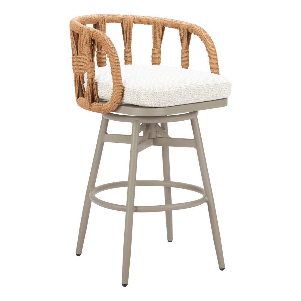 38" Gray and Brown Faux Rattan Outdoor Swivel Bar Chair