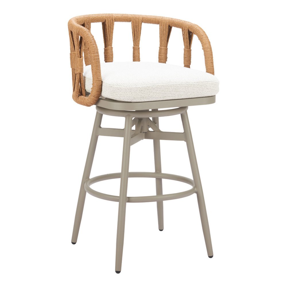 38" Gray and Brown Faux Rattan Outdoor Swivel Bar Chair