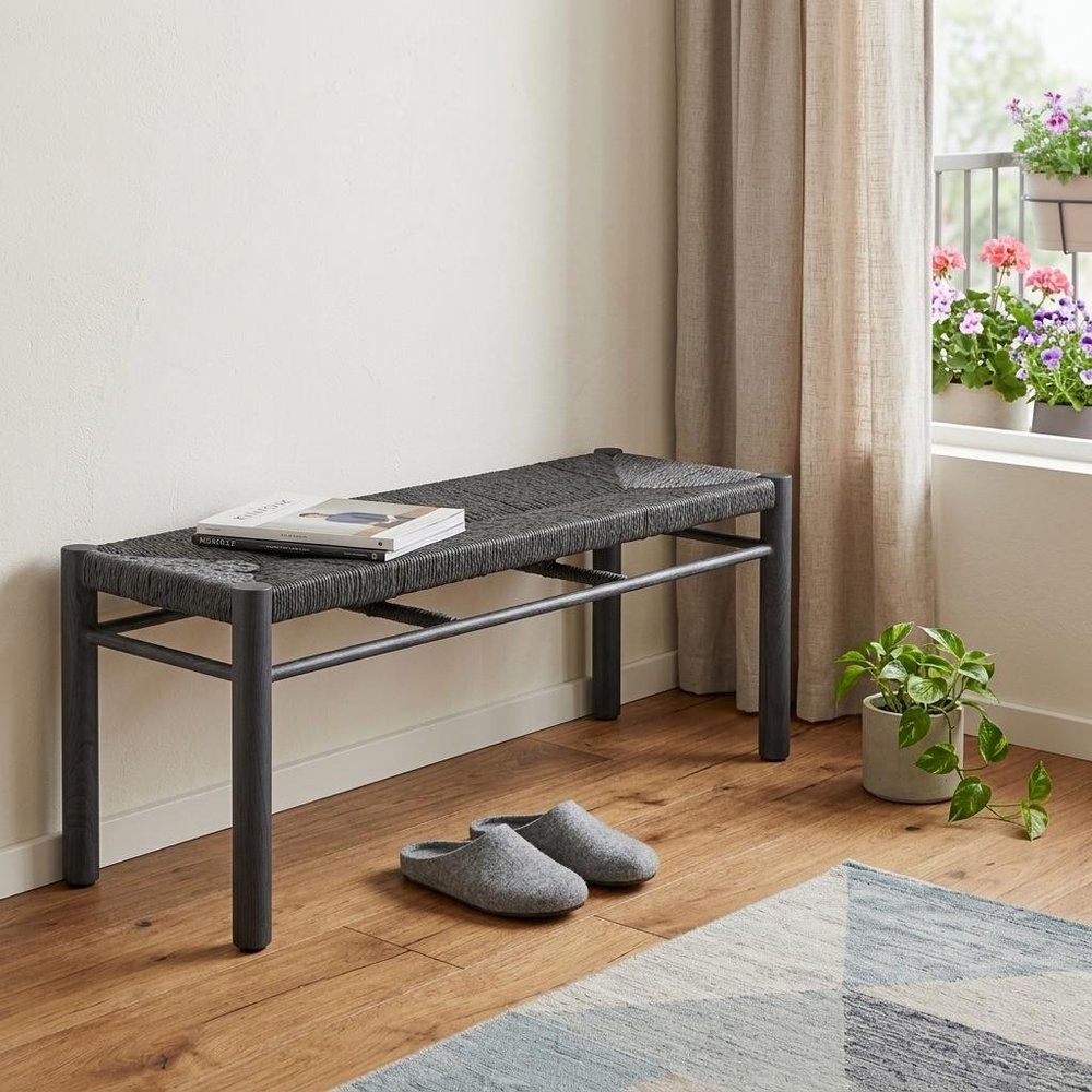 48" Black Metal And Faux Rattan Garden Patio Bench