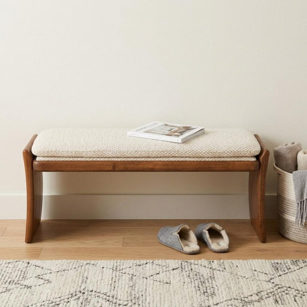 48" Beige and Brown Curved Scandinavian Bench