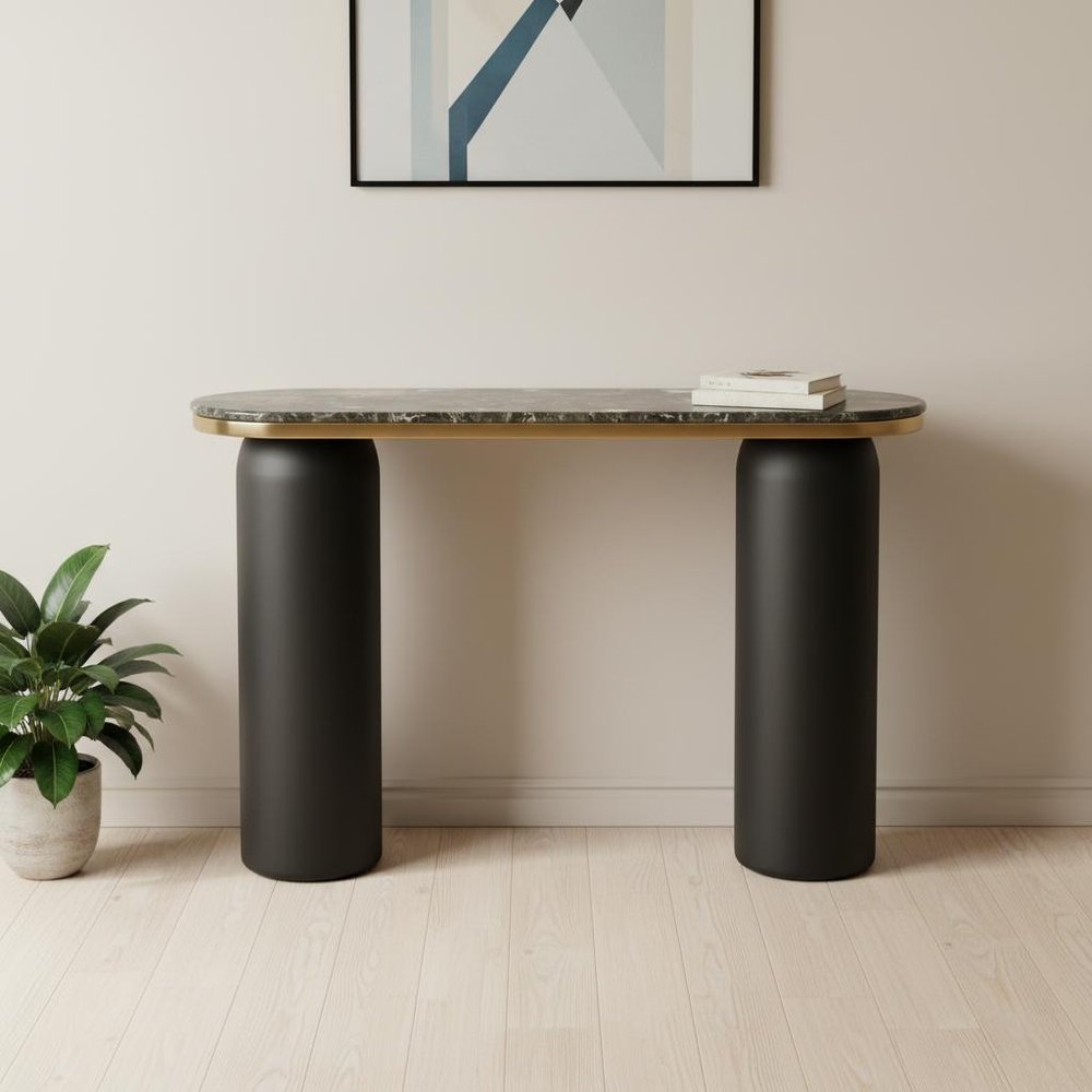 42" Black and Gold Marble Double Pedestal Console Table