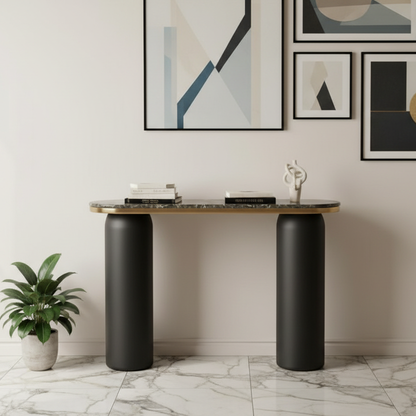 42" Black and Gold Marble Double Pedestal Console Table