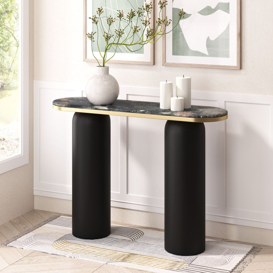 42" Black and Gold Marble Double Pedestal Console Table