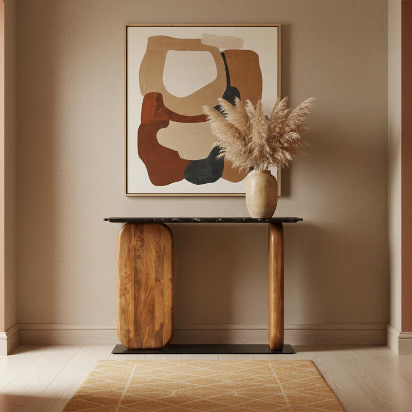 43" Black and Brown Marble and Wood Pedestal Console Table