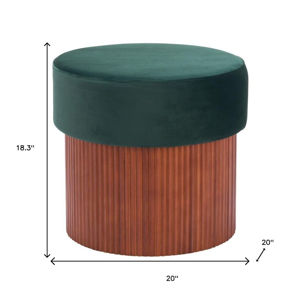 20" Green and Brown Round Wood Ottoman