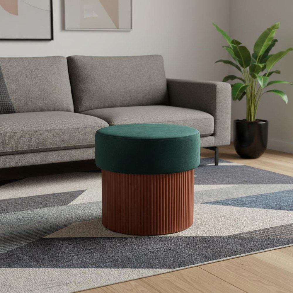20" Green and Brown Round Fluted Wood Ottoman