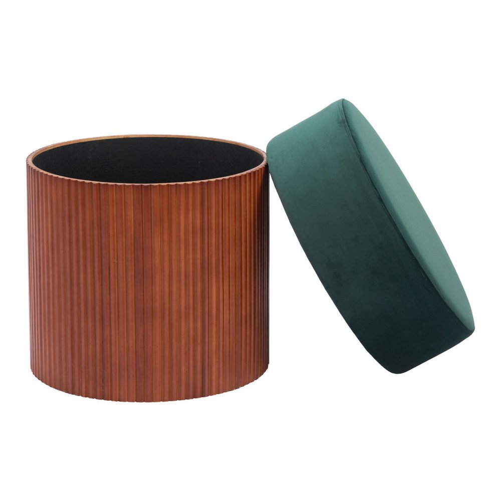 20" Green and Brown Round Wood Ottoman
