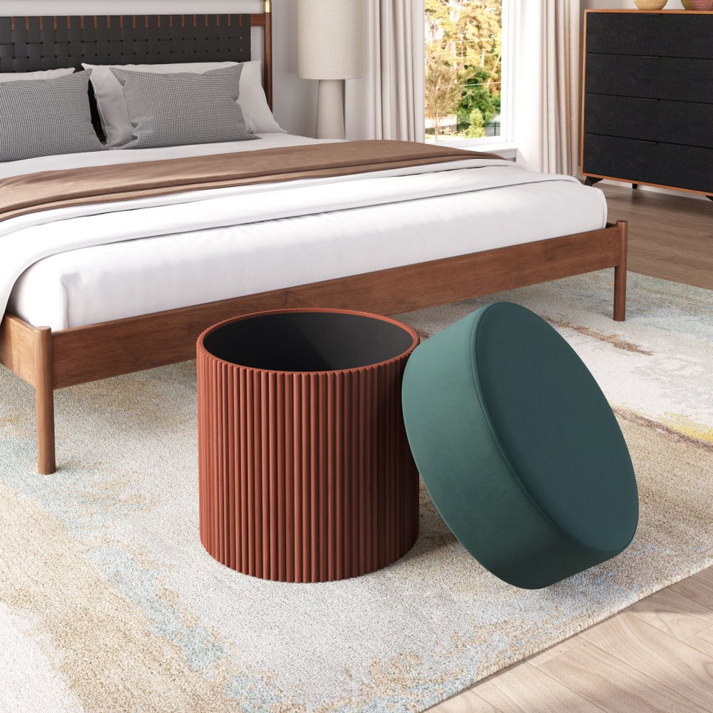 20" Green and Brown Round Fluted Wood Ottoman