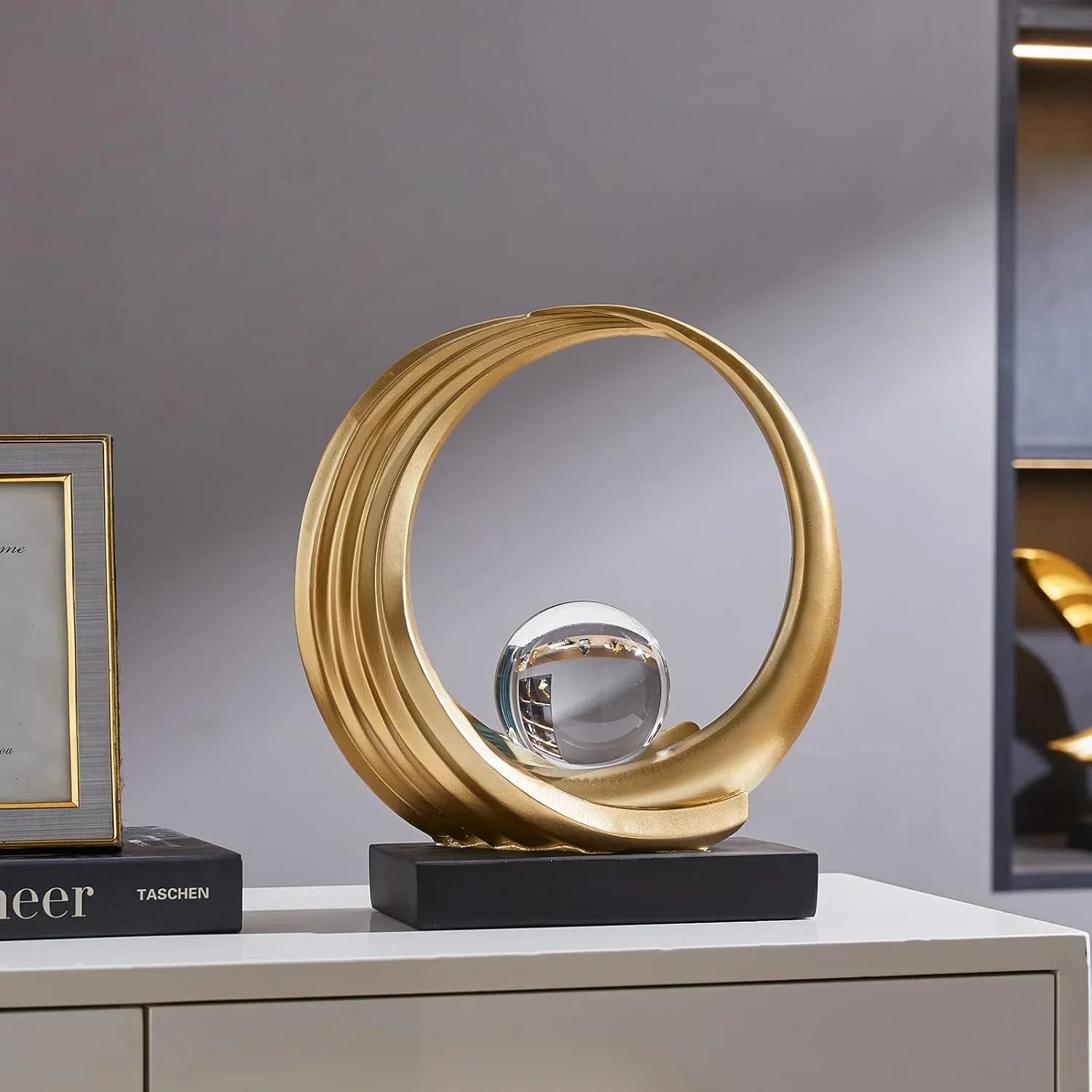 10" Gold Ring and Crystal Ball Sculpture