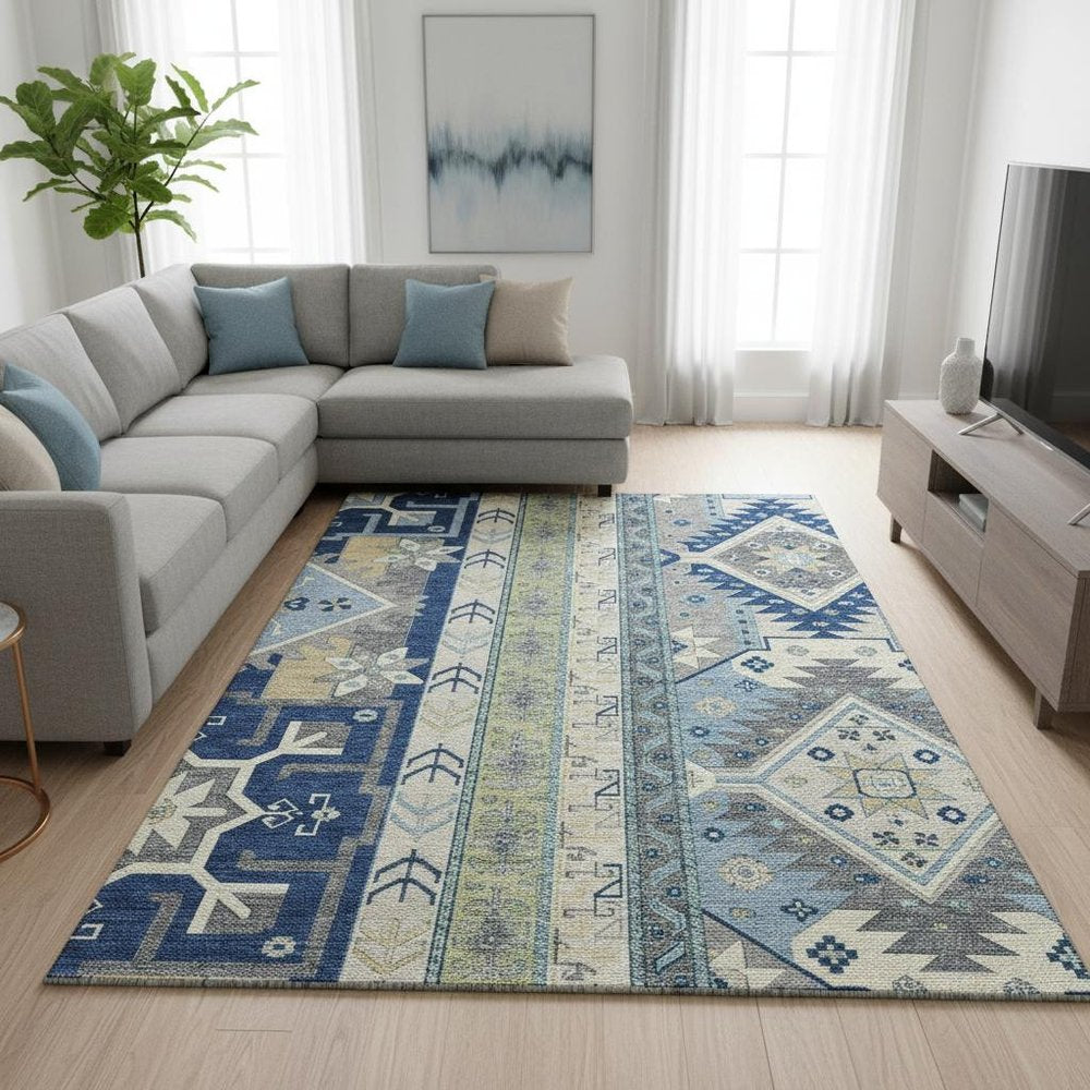 10' X 14' Navy Blue, Beige and Gray Patch Southwestern Area Rug