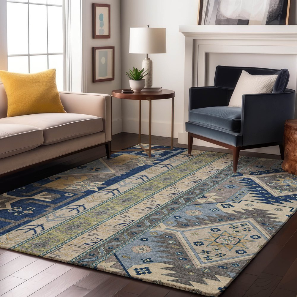 10' X 14' Navy Blue, Beige and Gray Patch Southwestern Area Rug